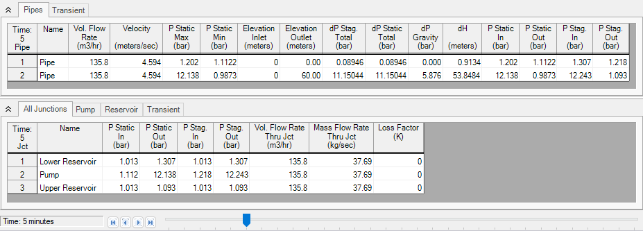 The pipe and junction transient data at 5 minutes.